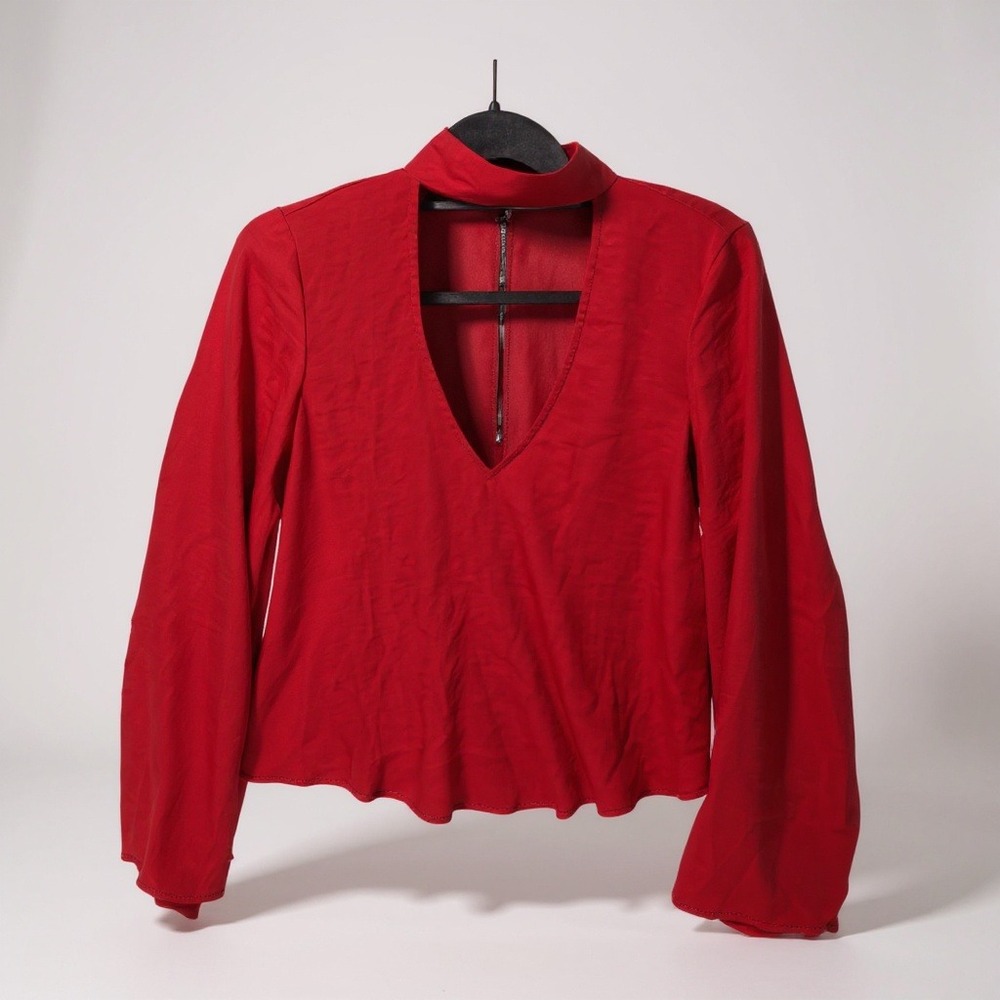 Show Me Your Mumu Red Satin Choker Cutout Long Sleeve Crop Top XSmall